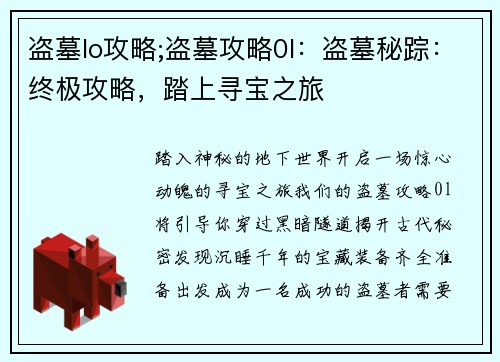 盗墓lo攻略;盗墓攻略0l：盗墓秘踪：终极攻略，踏上寻宝之旅